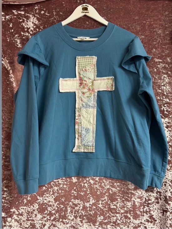 Time and Tru Tops - Handmade Quilted Cross Sweatshirt in Teal Color. Size XL 16/18